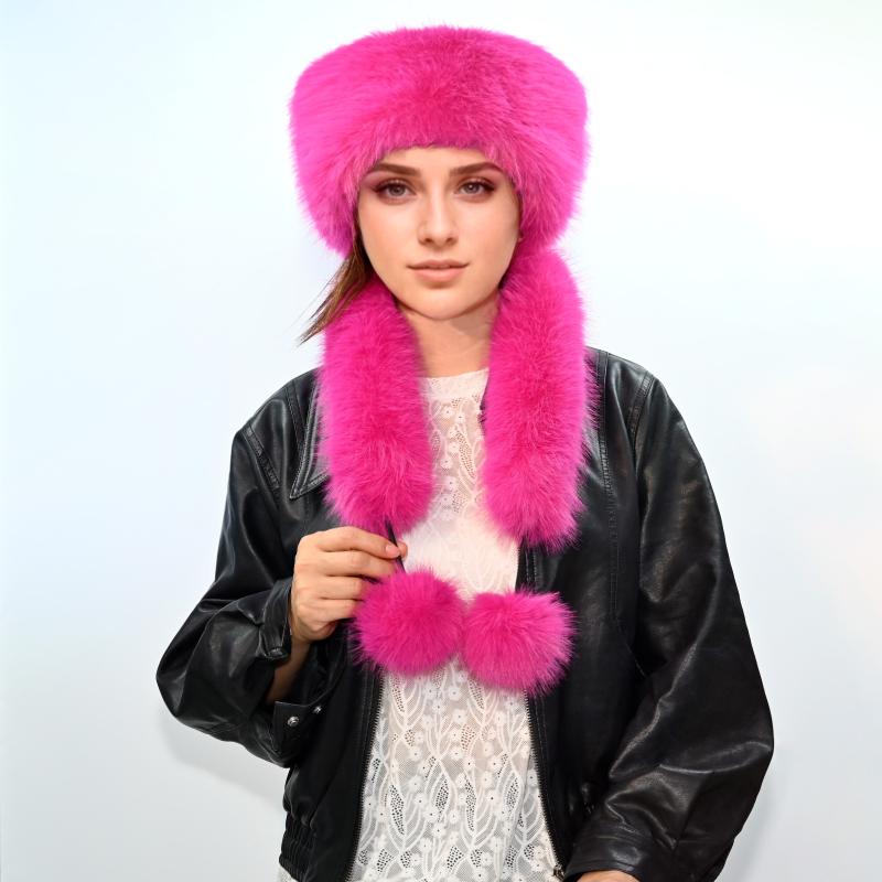 Damen Winter Kunstfuchsfell Trapper Mütze Rollrand Runde Krone Großes Bims Kunstpelzmütze