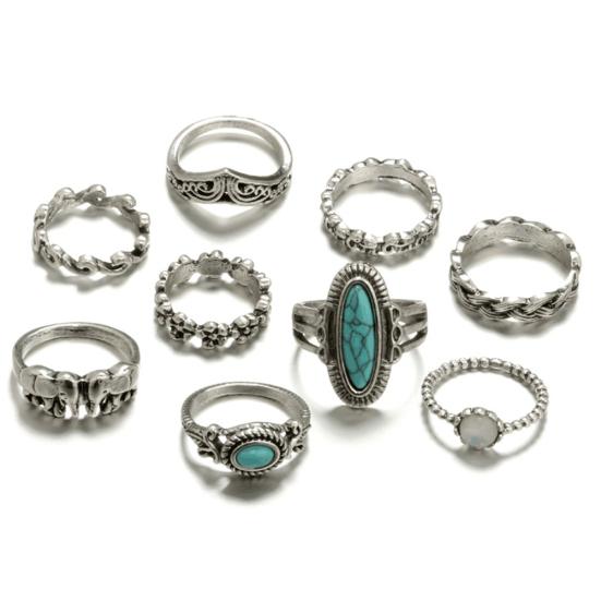 9Pcs/Set Boho Stack Elephant Flower Faux Turquoise Midi Finger Knuckle Rings