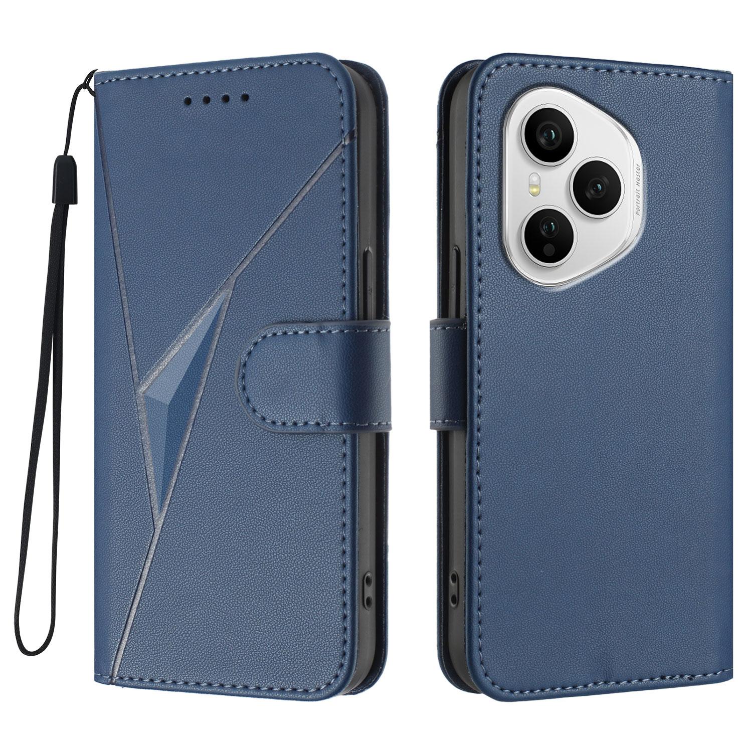 

For Honor 400 Pro 5G (Global) Case Triangle Imprint Leather Phone Cover with Lanyard Royal Blue
