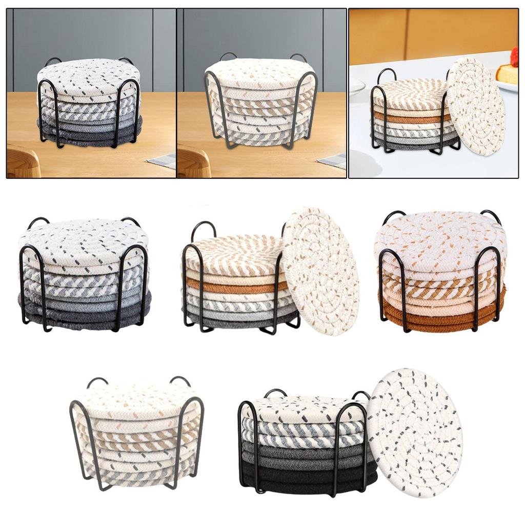 8x Drink Coasters with Holder for All Cups Woven Coasters for Home Decor Desk Dining Room Living Room Housewarming Hostess Gifts