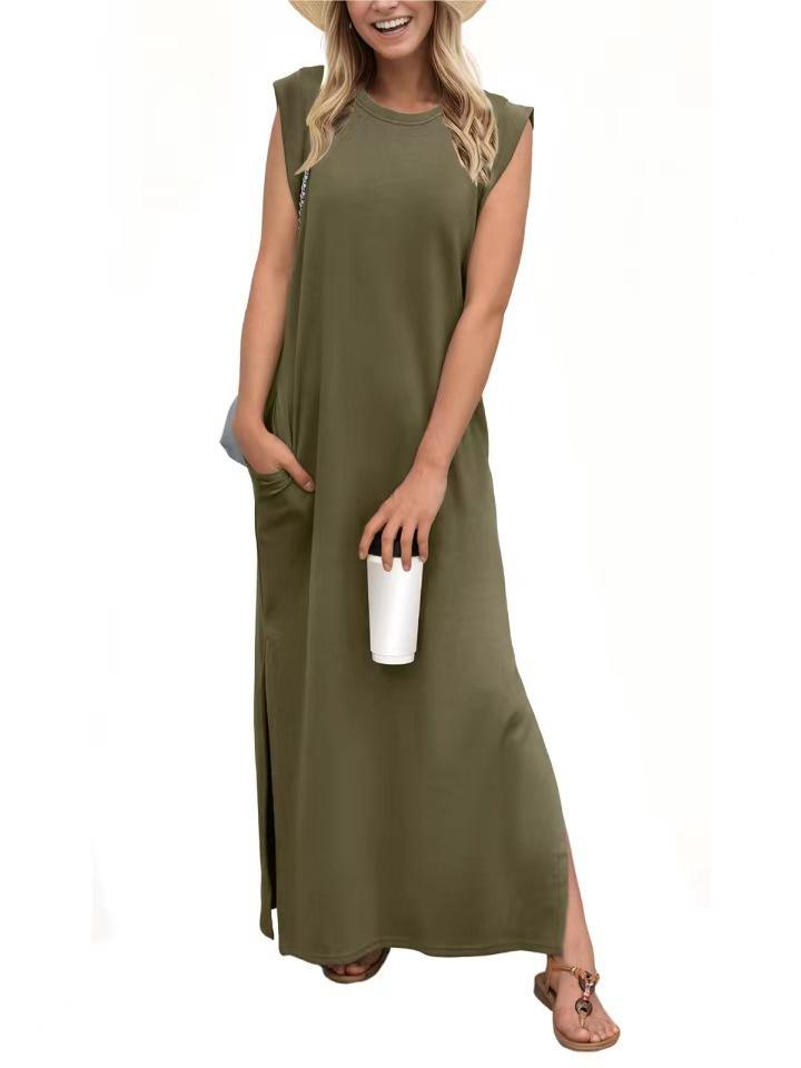 European and American new women's summer casual solid color round neck sleeveless loose long dress