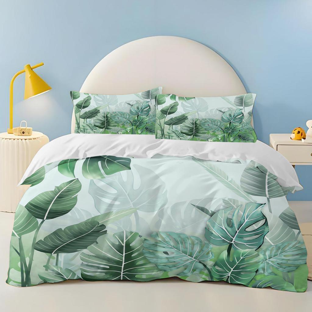 Comforter Green Plants Flamingos Anime Bedding Set Polyester Suitable For Children And Adults 3-Piece Set