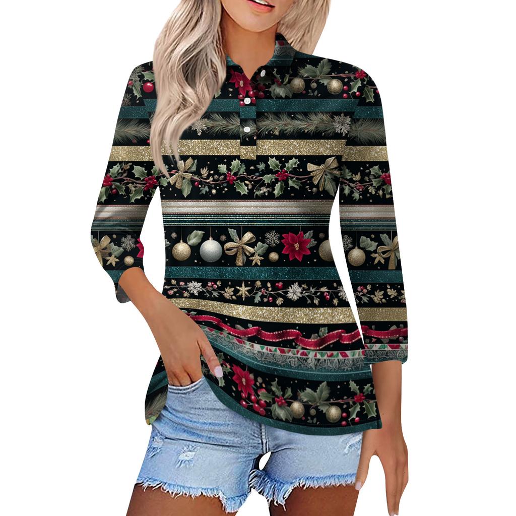 Women's Fashion Casual Button 3/4 Sleeve Vintage  Print Lapel Top