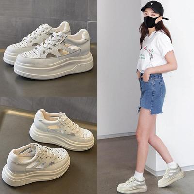Women's Summer 2025 Platform Sandals - Thick Sole, Height-Increasing, Hollow Design, Petite, White.