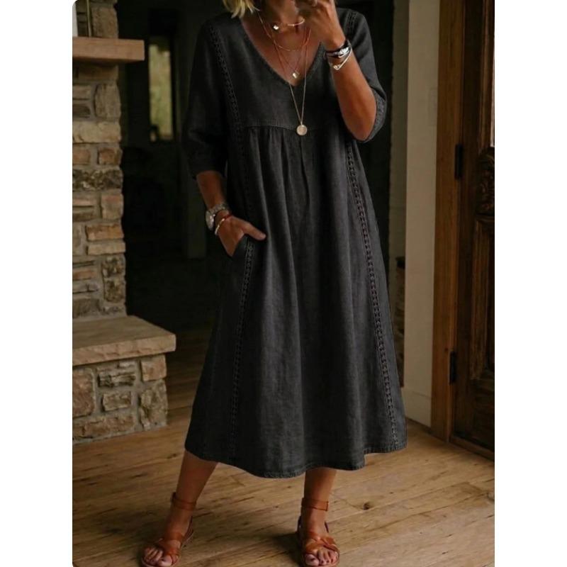 Women's V Neck Three Quarter Sleeve Loose Fit Lace Spliced Linen Blend Midi Dress Solid Color Casual Vacation Daily Wear Long Sundress