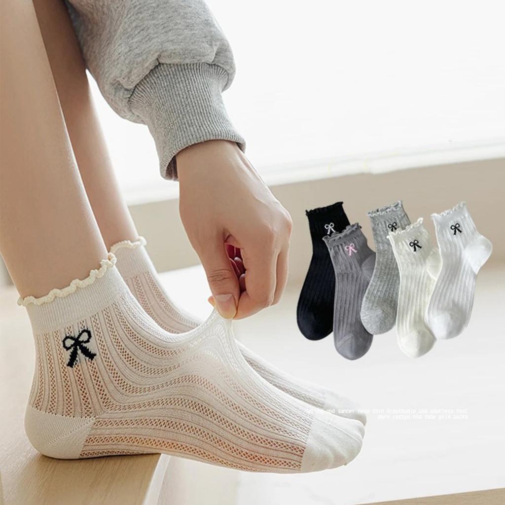 Women’s Lightweight Mesh Ankle Socks Breathable Lace Trim Crew Socks with Bow Embroidery and Hollow Out Design for Everyday Wear