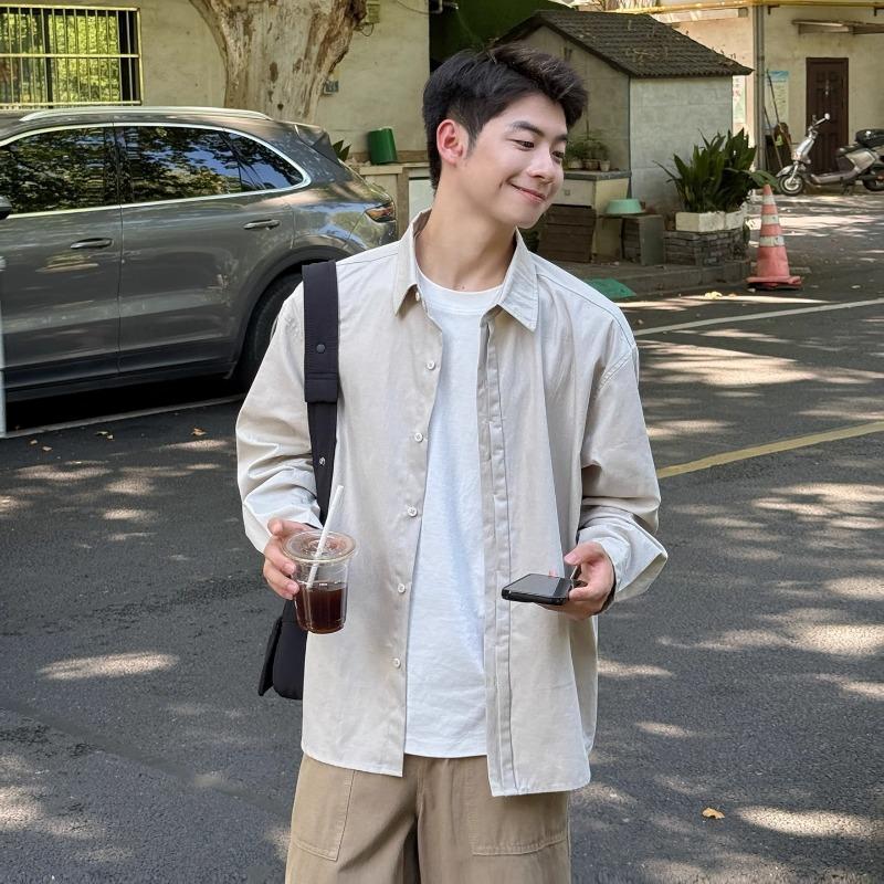 

Men s Light Beige Oversized Long Sleeve Shirt Casual Button Down Streetwear Top M серый