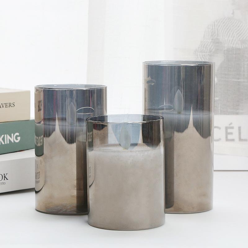 LED Tea-Colored Glass Candle Set with Remote Control and Simulated Flame
