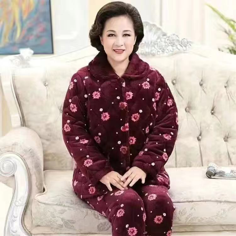 Middle Aged Elderly People Coral Velvet Pajamas Suit Winter Three Layer Thick Warm Women Plush Cotton Jacket Pants Two PCS Women