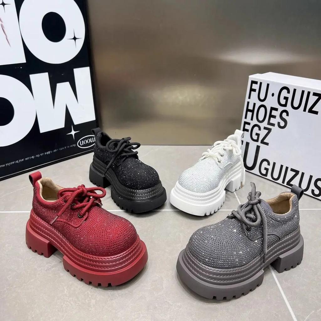 Scarpe da Donna di Lusso con Strass Stivali da Motociclista alla Moda con Lacci Stampa Leopardo Suola Spessa Leggere High Street Sneaker da Donna