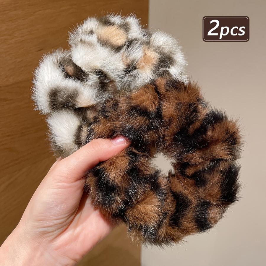 2pcs Women's Plush Big Hair Ties, Leopard Print Flannel Hair Accessories, Holiday Celebration Gift, Suitable for Multiple Occasions