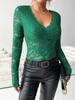 Elegant V-Neck Fan Collar Solid Color Long Sleeve Slim Fit Ruffle Lace Top