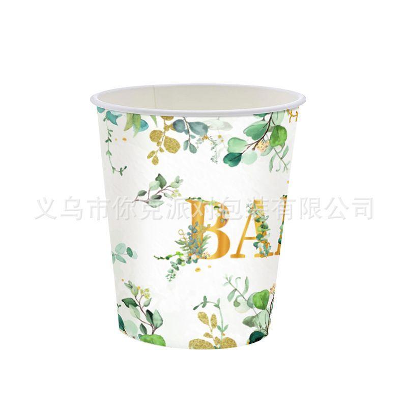 Fresh Green Eucalyptus Disposable Paper Tableware Set Birthday Welcome Party Plates Cups Decor