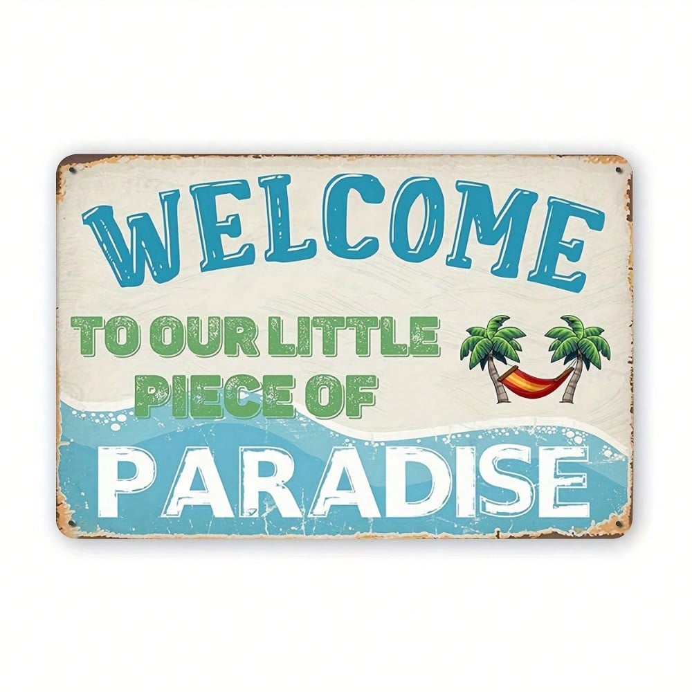 

Metal Wall Art Vintage Beach Sign Welcome To Our Little Paradise Retro Home Cafe Garden Decor 12x8 Inch