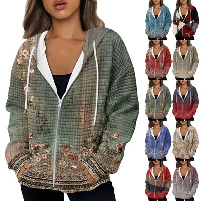 Women's Autumn And Winter Casual Fashion Hoodie Sweatshirt Printed Zip Jacket With Pockets