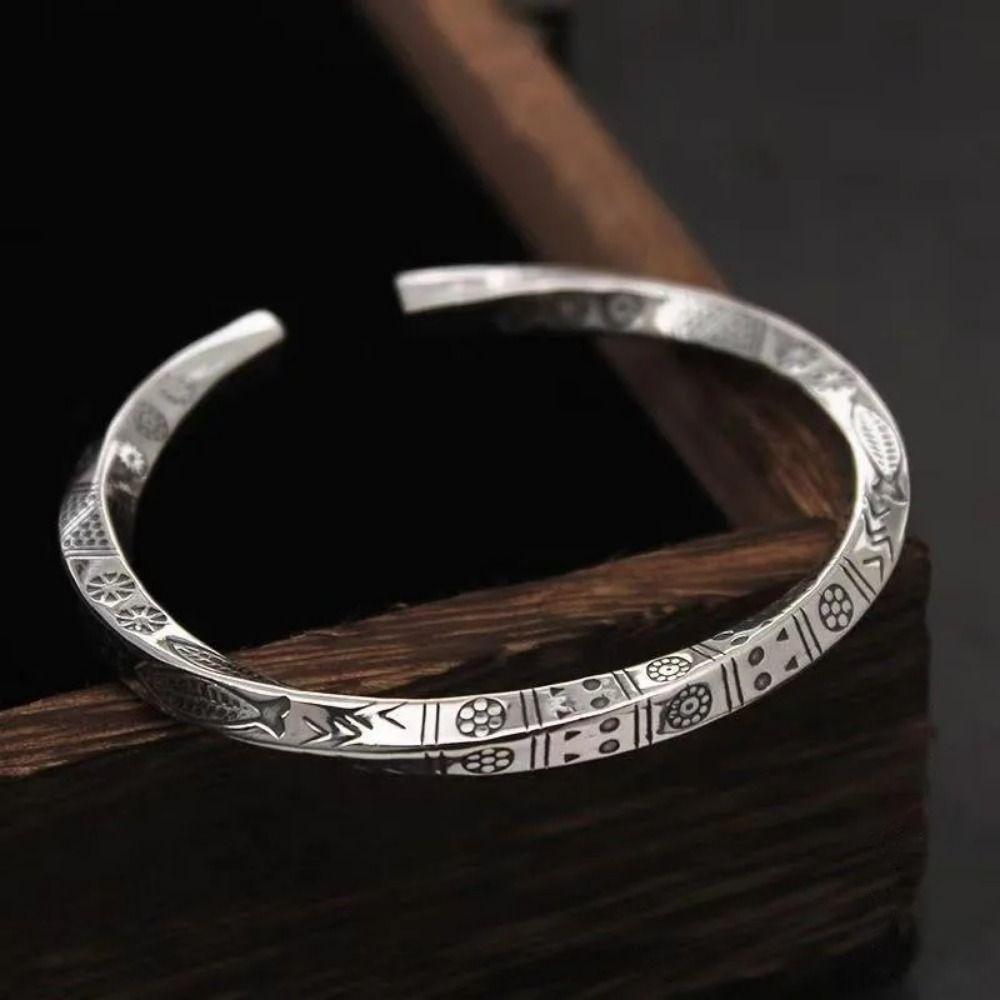 Adjustable Vintage Carved Totem Bracelet Opening Design Silver Color Fish Sleeve Bracelet  Unisex