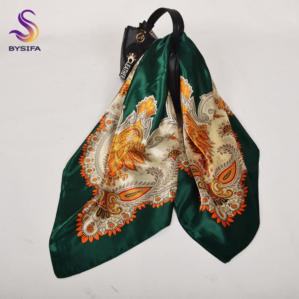 [BYSIFA] Women Silk Scarf Shawl Printed Chinese Rose Navy Blue Red Square Scarves 90*90cm Fashion Accessories Headscarves Hijabs