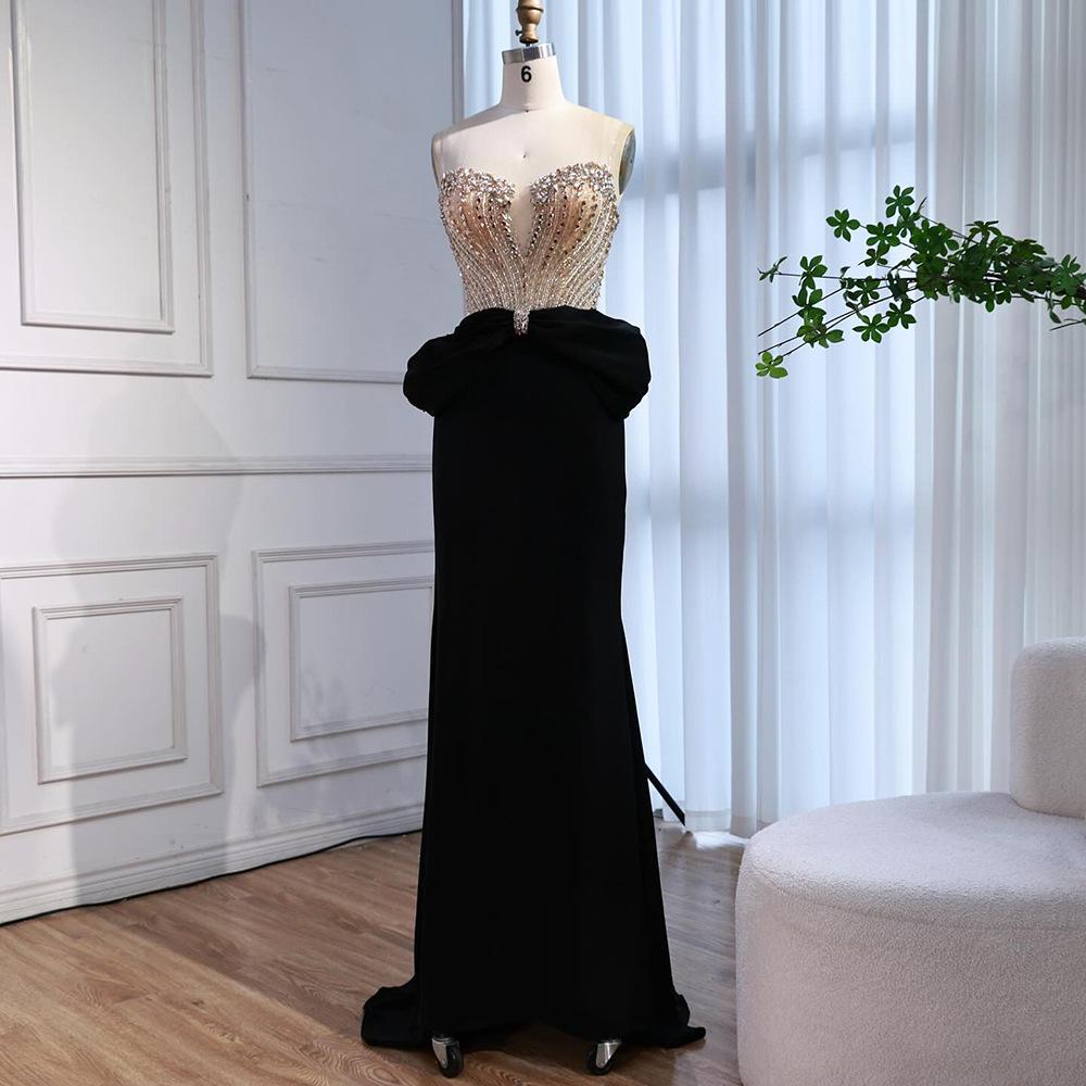 Black bow fishtail evening dress crystal beads high-end thin wedding performance dress LA11010