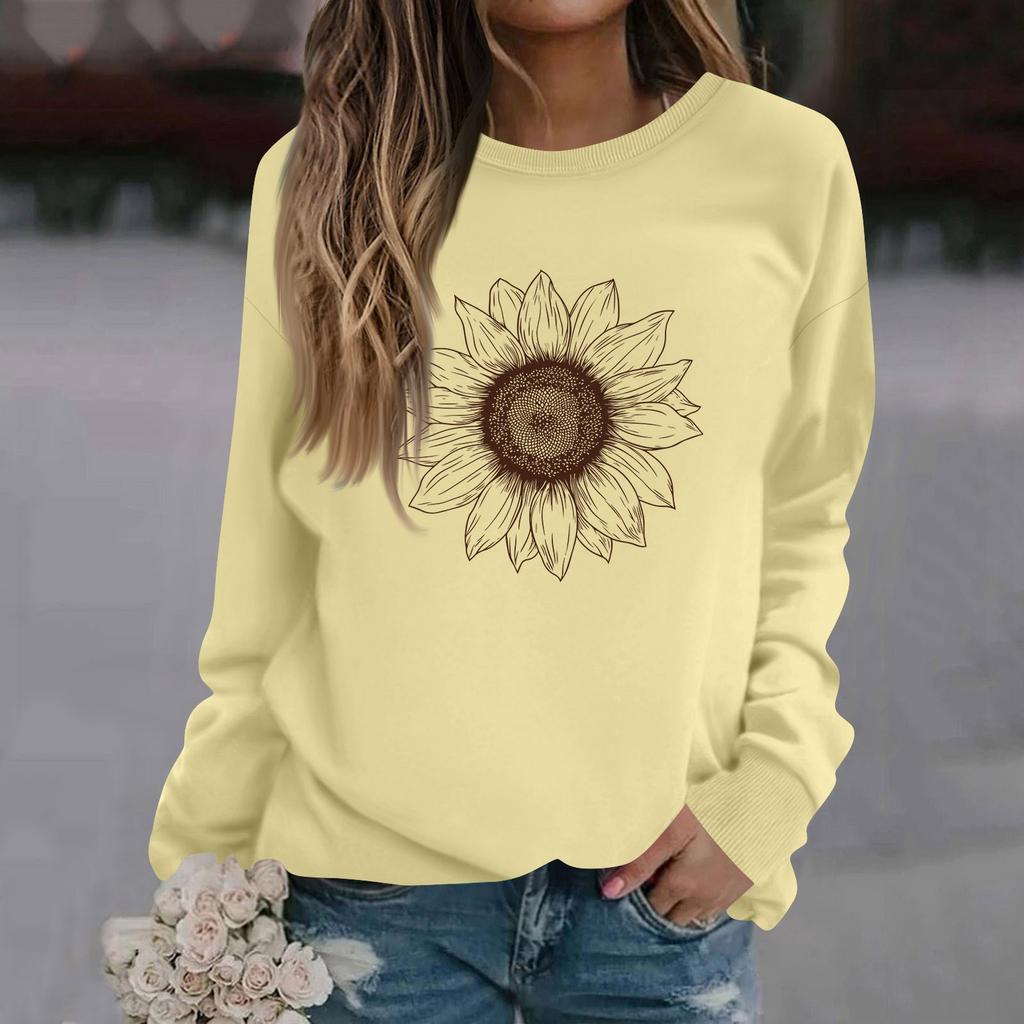 Sweat-shirt décontracté à manches longues et col rond pour femme, couleur unie, imprimé