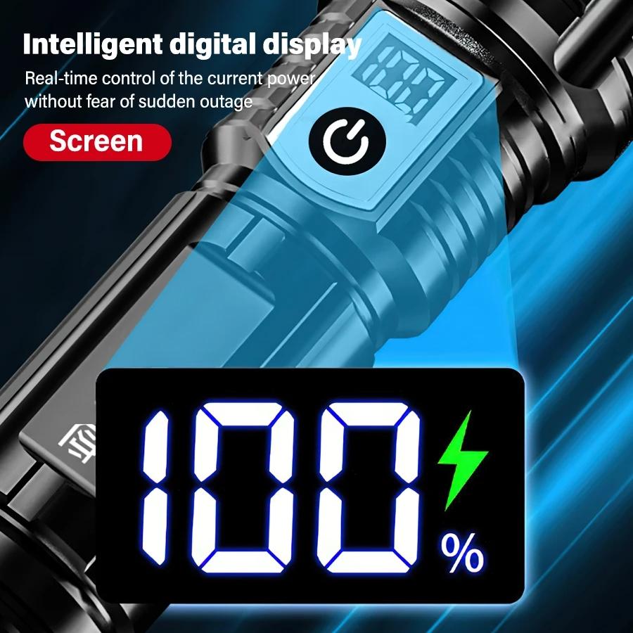 9000LM Powerful LED Flashlight Built-in Battery USB Rechargeable Zoom Torch With Power Display Outdoor Tactical Flashlights