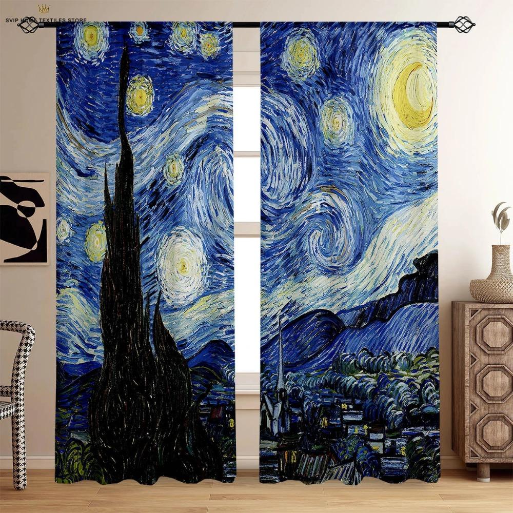 Tramonto Cielo Stellato Paesaggio Pittura a Olio Tende Stampate Camera da Letto Soggiorno Studio Dormitorio Tende Decorative 2 Pezzi