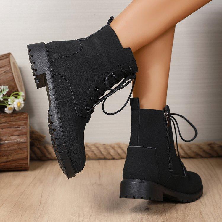 Fashion Retro Solid Zip Ankle Boots for Women Autumn Winter Square Heel Lace-Up Women\'s Boots Plus Size Round Toe Shoes of Woman