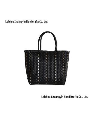 Autumn Black & Gold Large Capacity Handwoven Plastic Basket Beach Bag for Women