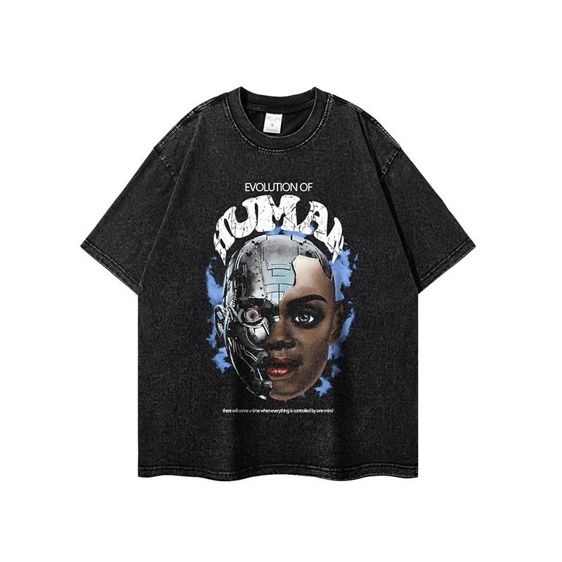 Mens Oversized Loose Fit Cotton Tee - Dark Aesthetic Streetwear Vintage Washed Print Round Neck Drop Shoulder Sleeve