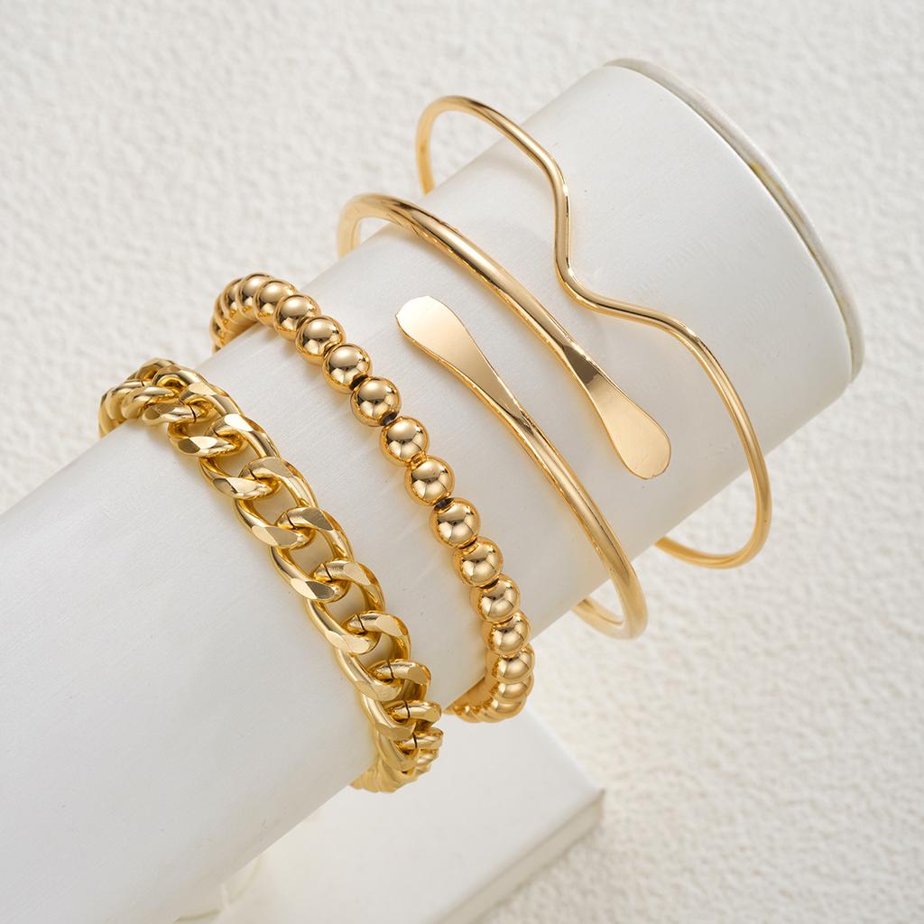 4Pcs Gold Geometric Bracelet Set For Women Minimalist Open Cuff Bangle Cuban Link Beaded Bracelets Trendy Stackable Jewelry Gift