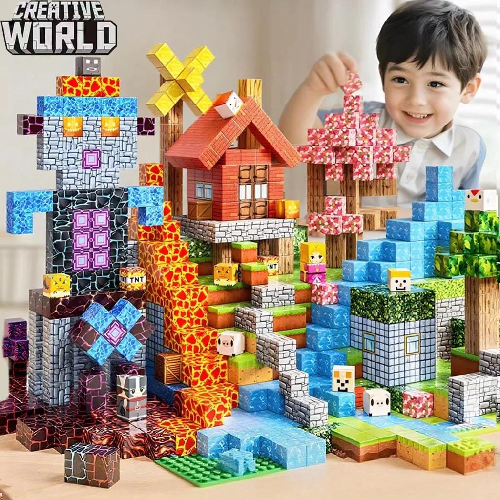 Magnetic Construction Blocks Plaything Storage Box Set Can Hold Figures Magnet Cube Pixel Style Model Baseplate Toys Kids Best Present