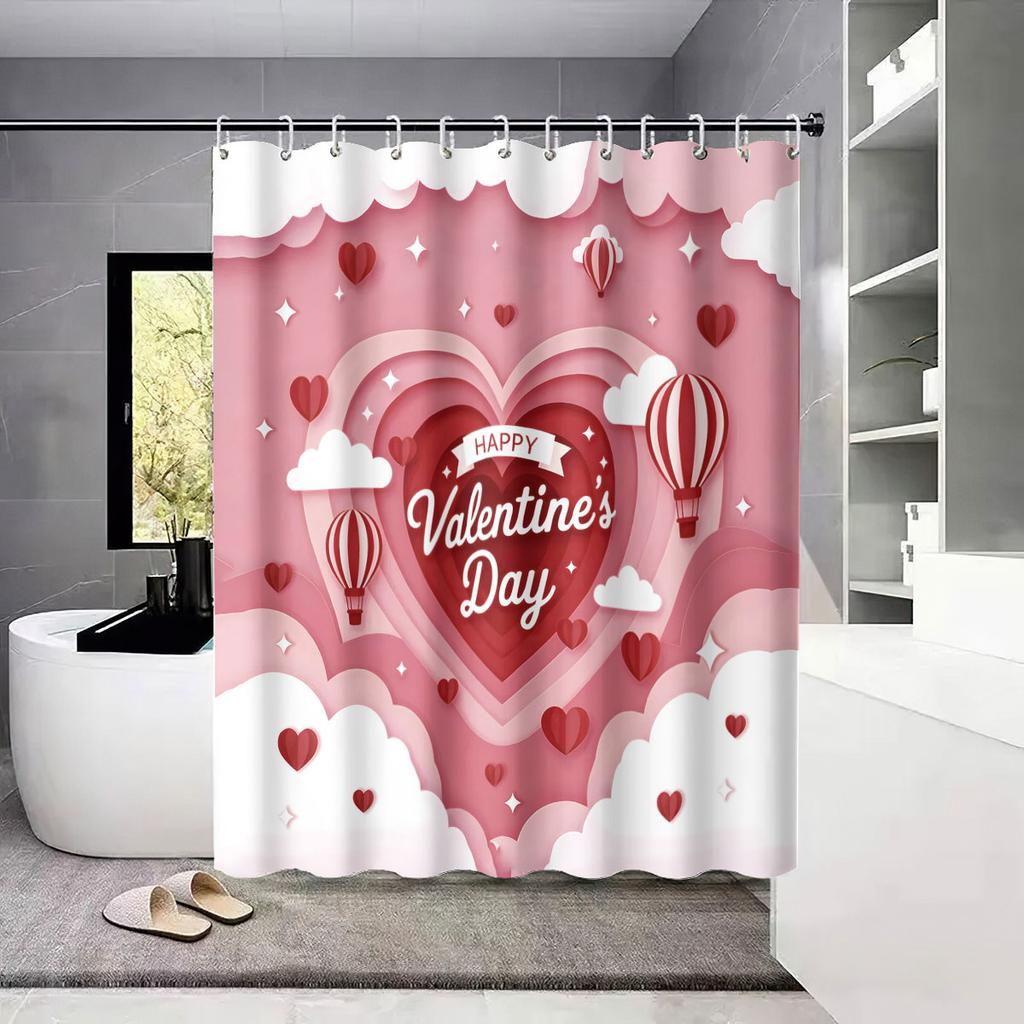 4pcs Valentine's Day Pink Romantic Love Printed Bathroom Set Waterproof Shower Curtain Floor Mat U-shaped Toilet Mat