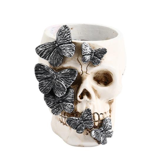 Gothic Butterfly Skull Pen Holder Spooky Resin Skull Makeup Brush