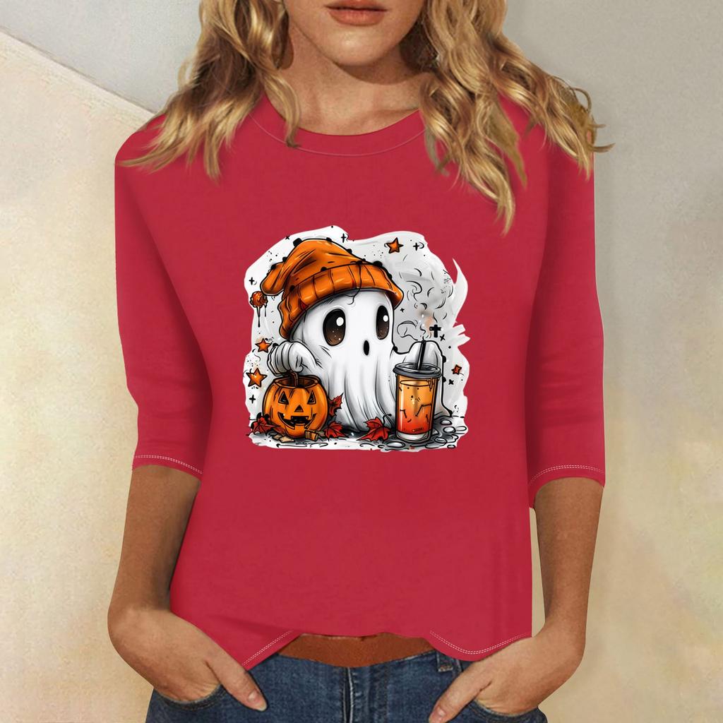 Women's Fashion Casual Three-quarter Sleeve Halloween Printed Round Neck Top