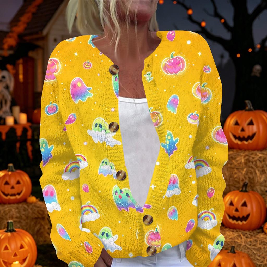 Damen Halloween Print Langarm Strickjacke mit Knopfleiste für Herbstliche Festliche Anlässe