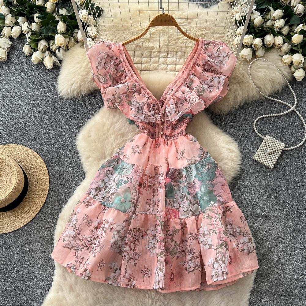 Floral sleeveless waist dress women's summer ruffle edge V-neck high waist A-shaped skirt commuter pink skirt
