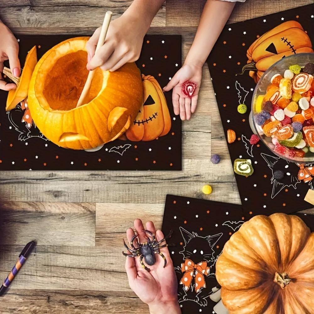 1PC Halloween Placemats Pumpkin Black Cat Bat Pattern Anti Dirty Kitchen Dining Table Cloth Dining Table Decoration Accessories