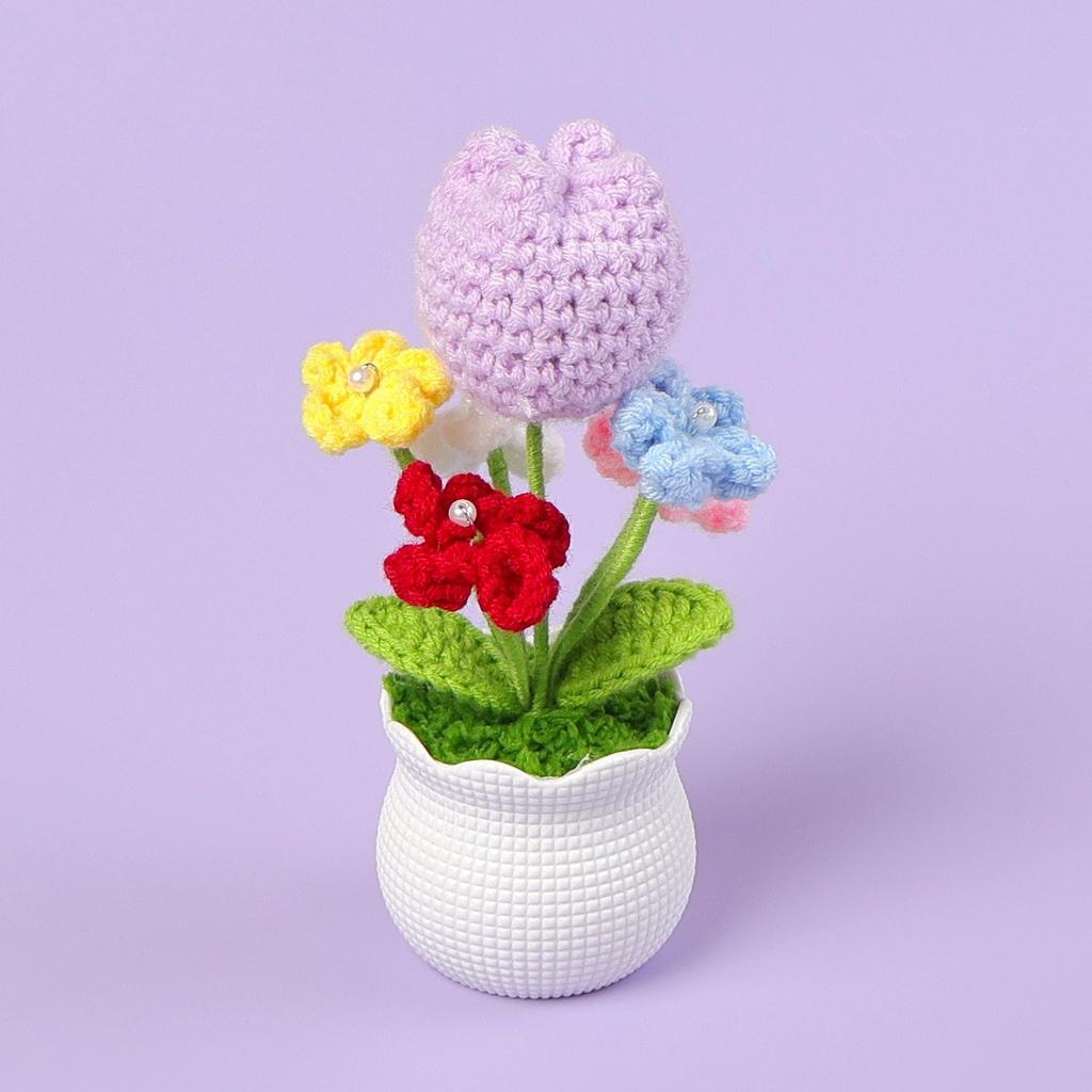 Hand-Knitted Wool Fake Flowers Set: Sunflower, Carnation, Tulip - Desktop Decor, Teacher/Student Gift, Everlasting Bouquet