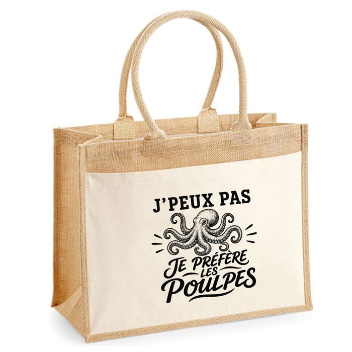 Sac Cabas Jute avec Poche J’peux pas je préfère les Poulpes J'peux pas minimaliste | Toile de Jute et Coton 21 L Fond Plat Anses 65