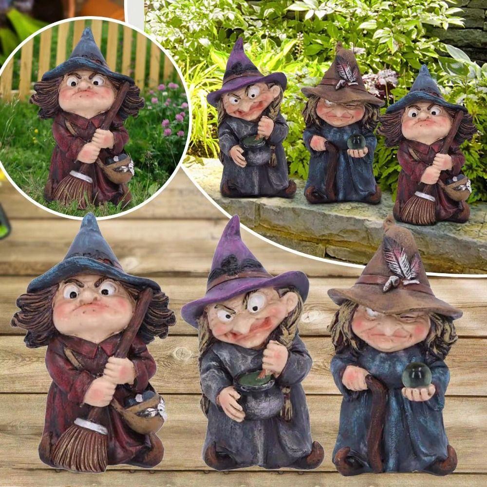 Resin Halloween Witch Sculpture Funny Garden Dwarf Figurine Crafts Gnome Statues  Tabletop