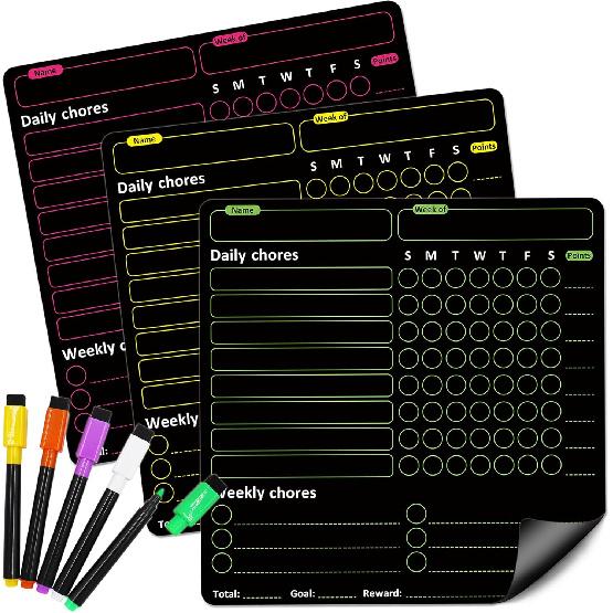 Magnetic Chore Chart for Family - Daily Responsibility Chart with Reward System - Dry Erase Weekly Chore List Board (3 Pcs)