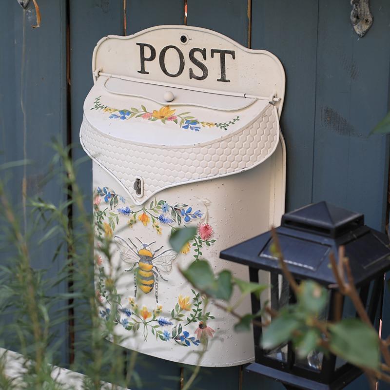 Vintage Wall Mount Mailbox for Outdoor Metal Wall Hanging Letter Box Decor Rustic Flower Mail Box for Garden Front Door Display