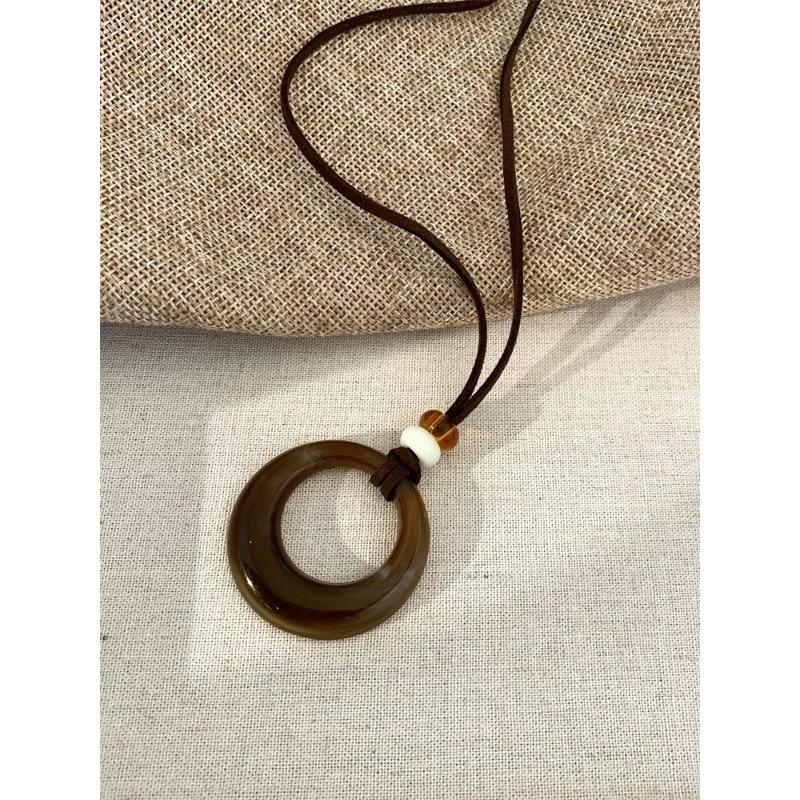 Vintage Ethnic Style Brown Hollow Geometric Circle Long Pendant Necklace For Women