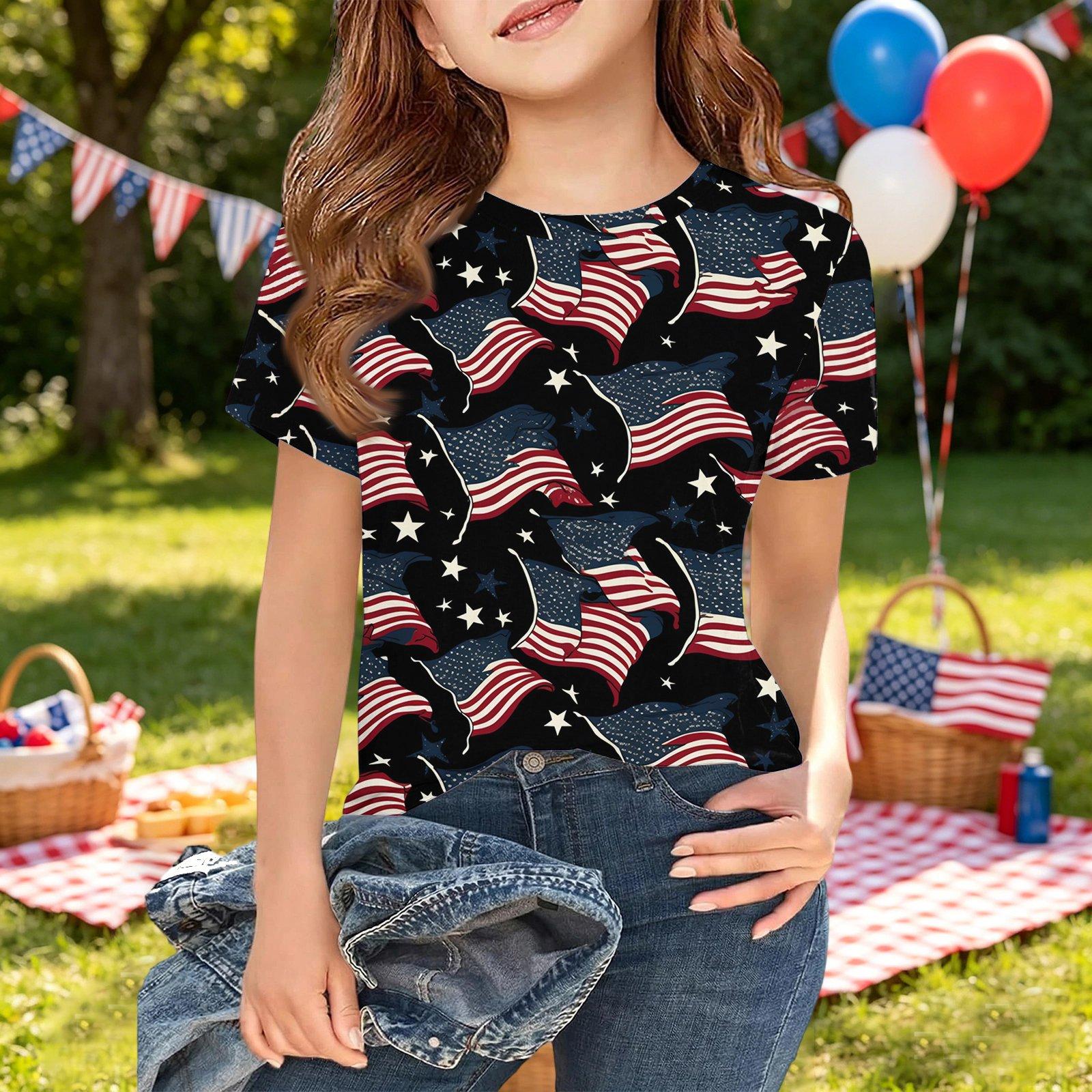 

Girls Short Sleeve T Shirt Independence Day Print Tee Top Soft Comfortable Fit Casual Wear for Kids 120 чёрный