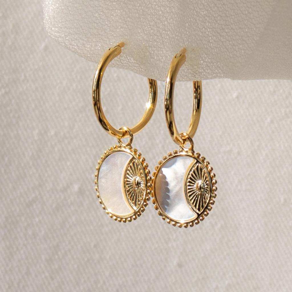 Retro Natürliche Muschel Sonne Mond Runder Kreis Anhänger Halskette für Frauen Edelstahl Gold Farbe Charms Creolen Ohrringe
