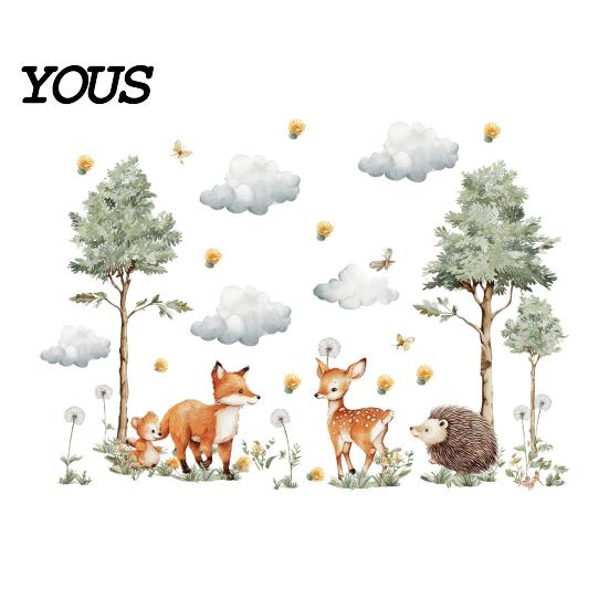 Waterproof Wall Decoration for Bathroom Glass Watercolor Forest Animals Stickers, Cute Fox Deer Hedgehog PVC Decals, Versatile Decor Party Settings