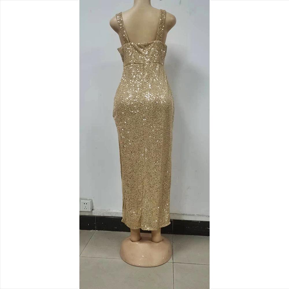 Gold Sequin Halter Neck Slit Dress - Sexy European & American Style for Spring/Summer Parties