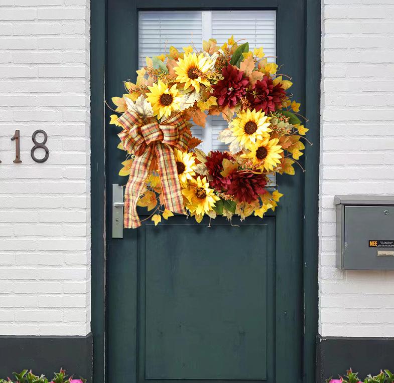 Fall Wreath 20inch Fall Sunflower Wreaths for Front Door Artificial Autumn Wreath with Maple Leaves Burlap Bows for Thanksgiving