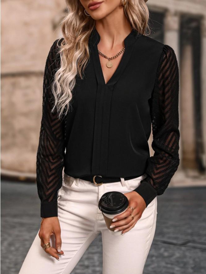 2023 European Spring-Summer Women's Patchwork Chiffon Long-Sleeve Solid Color Shirt