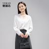 French Style Lace Patchwork V-neck Long Sleeved Shirt for Women Commuting