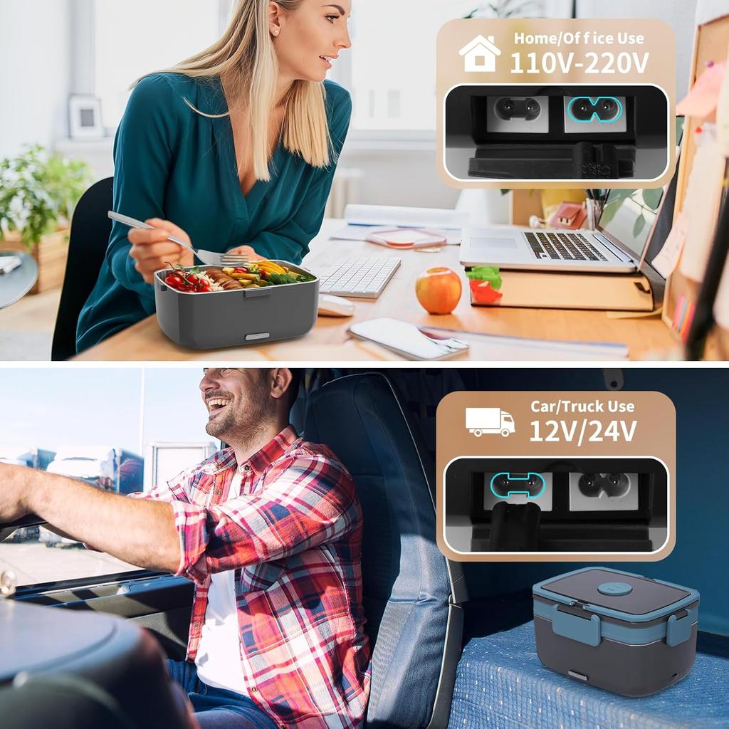 Electric Lunch Box for Adults – 90W Portable Food Warmer with 2L Stainless Steel & 1L Fruit Container, 12V/24V/110V Heated Lunch Box for Car,